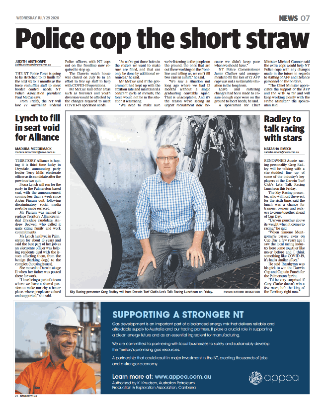 Image of a page of NT News newspaper, with a large color advertisement placed by APPEA, with the title 'Supporting a stronger NT'.