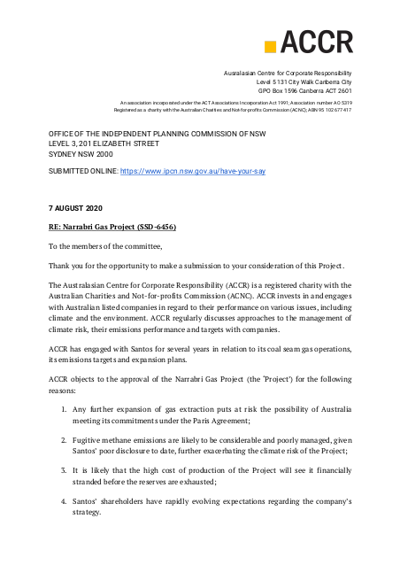 Cover page of the Submission: Independent Planning Commission of NSW consideration of Narrabri Gas Project publication.
