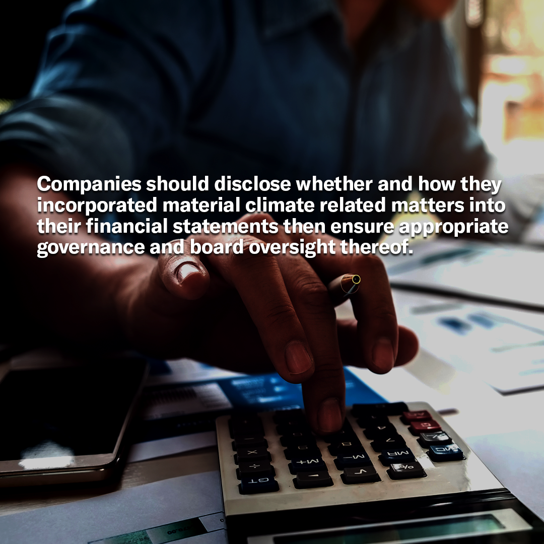 Companies should disclose whether and how they  incorporated material climate related matters into their financial statements then ensure appropriate governance and board oversight thereof.