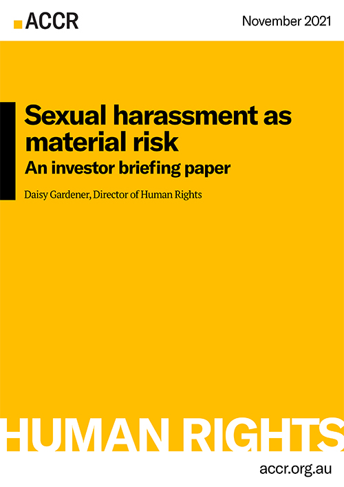 Cover page of the Investor briefing: Sexual harassment as material risk publication.