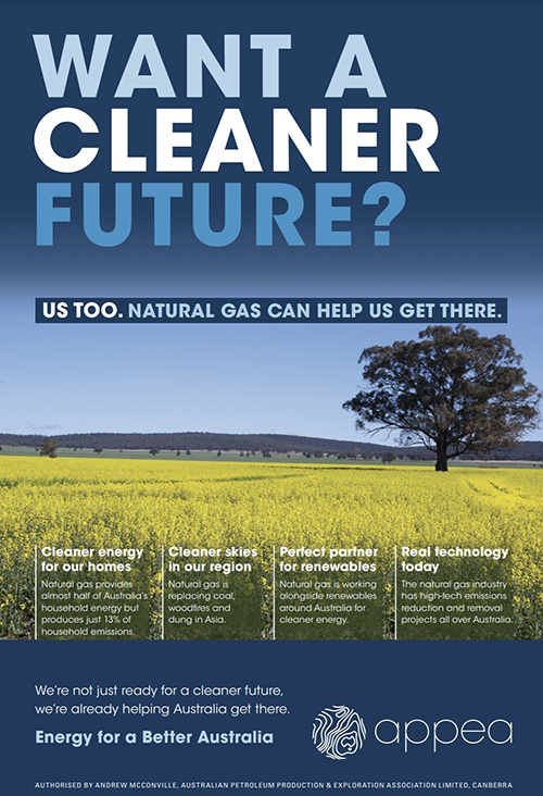 APPEA advert claiming Natural Gas provides a cleaner future.